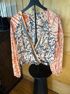 Free People Peach & Coral Mixed-Print Wrap Blouse
